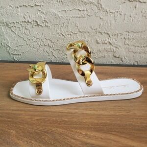 Lauren Larraine Gold Chain White Slide Sandals Women 6.5 Rhinestones Cruise Chan